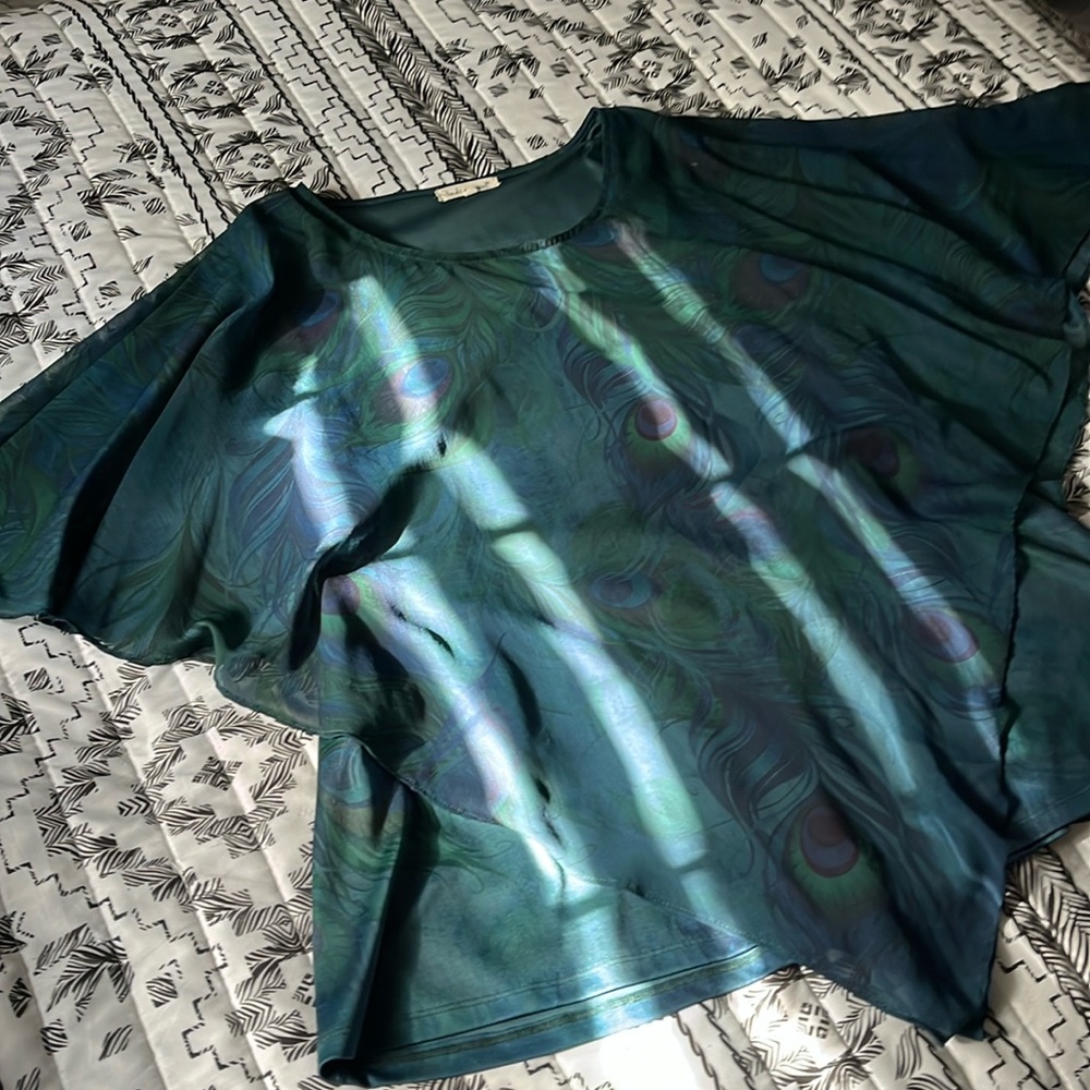 Indian Soul Peacock Feathers Print Two Layer Top Blouse Size XL